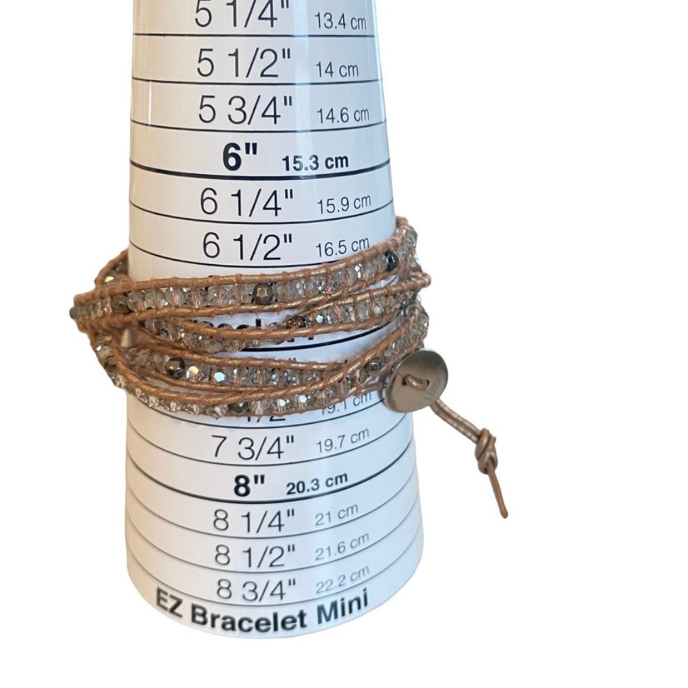 LIZOU LEATHER WRAP BRACELET SILVER TONE ADJUSTABLE FACETED CRYSTALS TAN